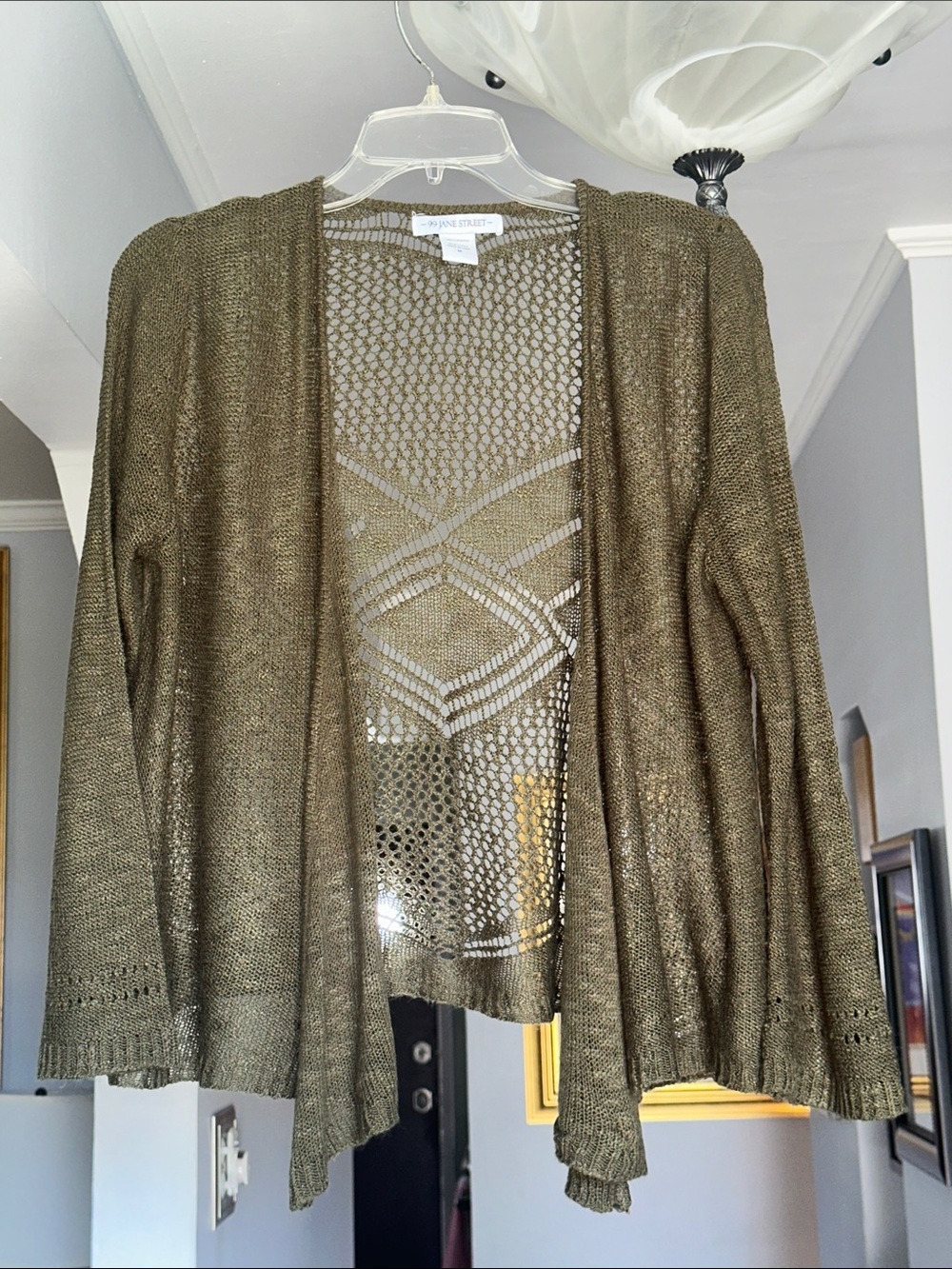 🌺 99 Jane Street Olive Open-Front Crochet Back Cardigan Sz M